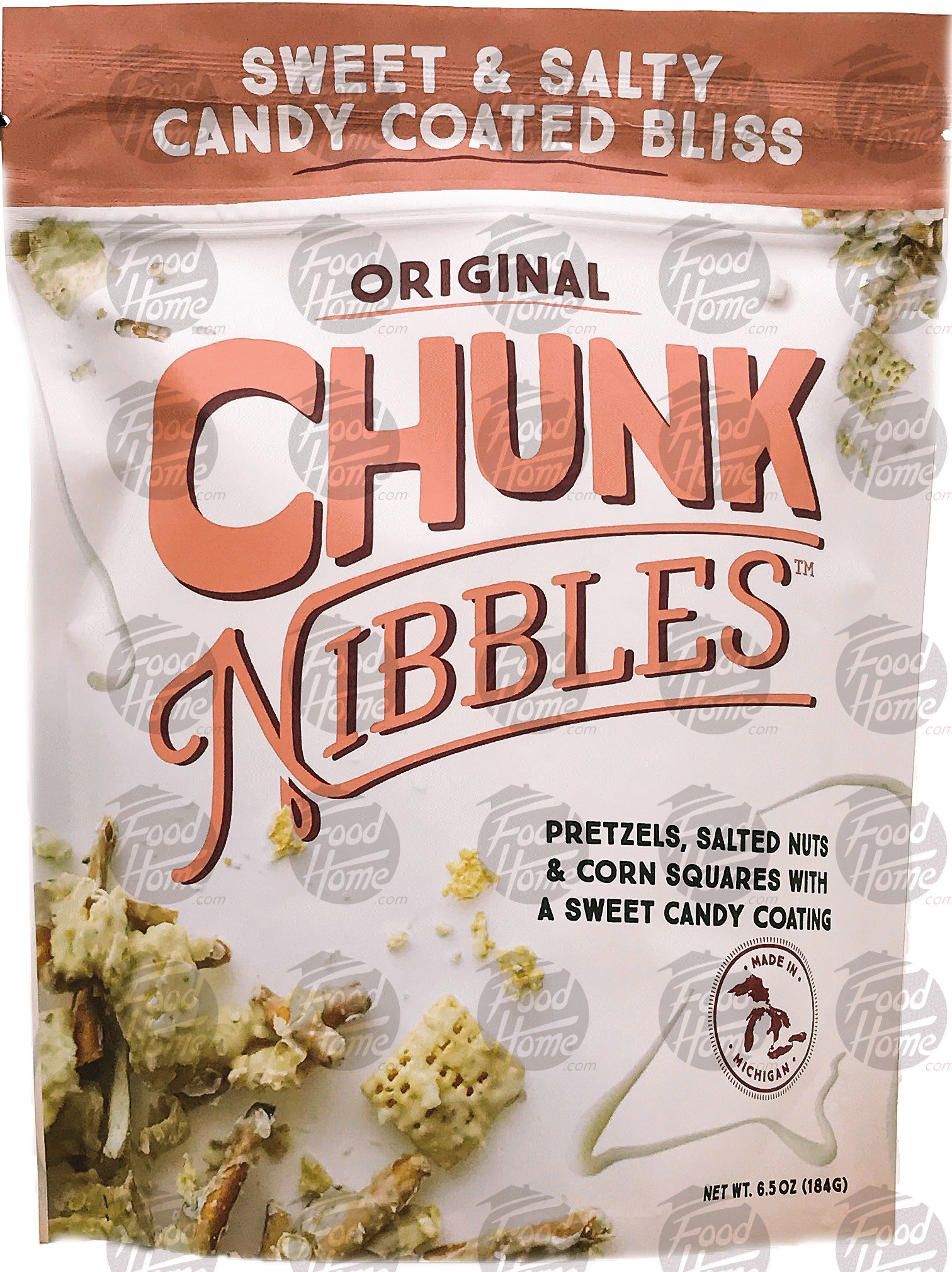 Chunk Nibbles  original mix, with pretzels, salted nuts & candy coated corn squares, resealable bag Full-Size Picture